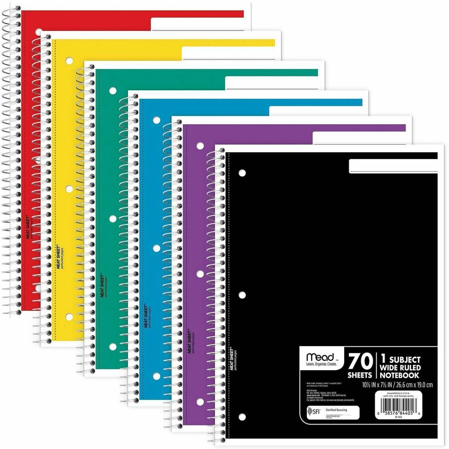 Mead Wide Ruled 1-Subject Notebooks - 70 Sheets - Spiral - Wide Ruled Front Ruling - 8" x 10 1/2" Sheet Size - White Pap