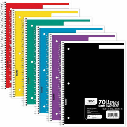 Mead Wide Ruled 1-Subject Notebooks - 70 Sheets - Spiral - Wide Ruled Front Ruling - 8" x 10 1/2" Sheet Size - White Pap