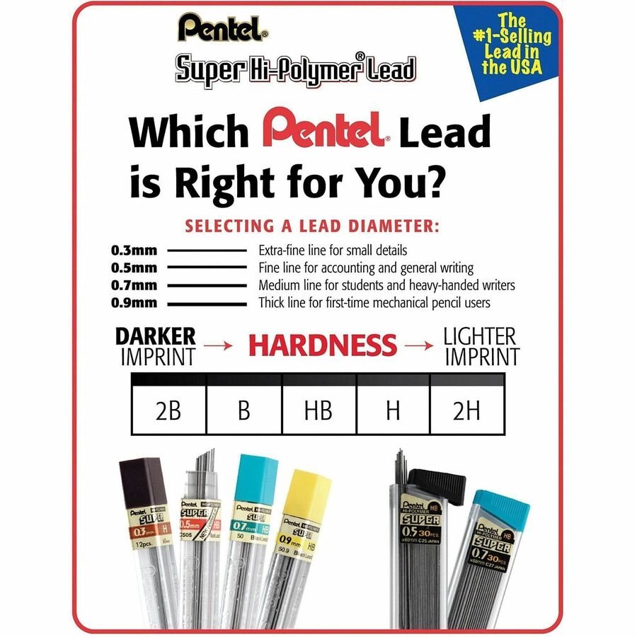 Pentel Super Hi-Polymer Leads - 0.5 mm , Fine Point - HB - Black Lead - 12/Tube - 12 / Box