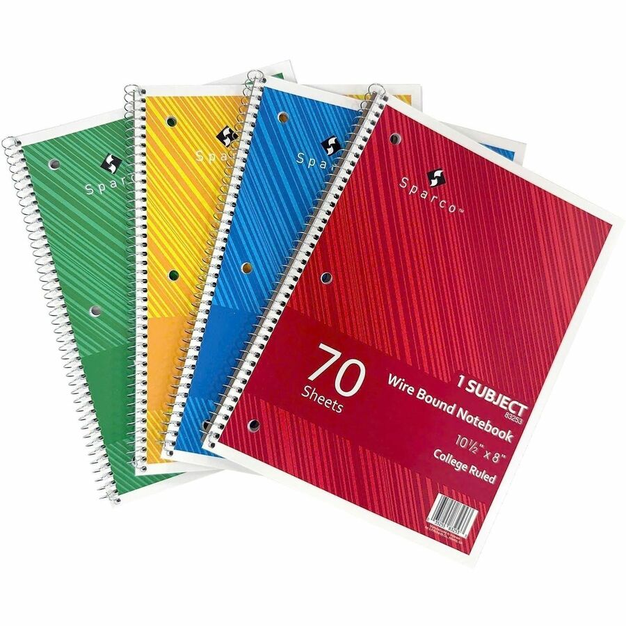 Sparco Wirebound Notebooks - 70 Sheets - Wire Bound - College Ruled Front Ruling - Unruled Margin - 16 lb Basis Weight -
