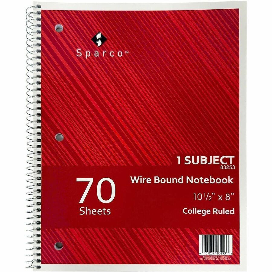 Sparco Wirebound Notebooks - 70 Sheets - Wire Bound - College Ruled Front Ruling - Unruled Margin - 16 lb Basis Weight -