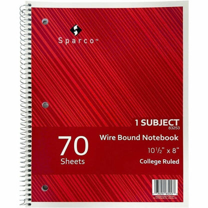Sparco Wirebound Notebooks - 70 Sheets - Wire Bound - College Ruled Front Ruling - Unruled Margin - 16 lb Basis Weight -