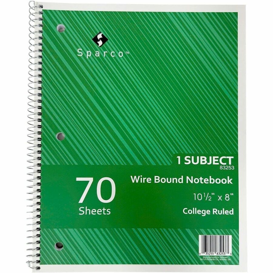 Sparco Wirebound Notebooks - 70 Sheets - Wire Bound - College Ruled Front Ruling - Unruled Margin - 16 lb Basis Weight -