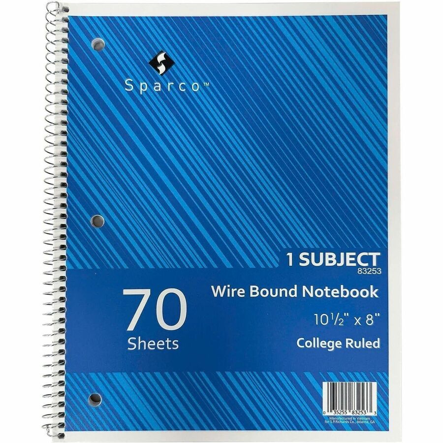 Sparco Wirebound Notebooks - 70 Sheets - Wire Bound - College Ruled Front Ruling - Unruled Margin - 16 lb Basis Weight -