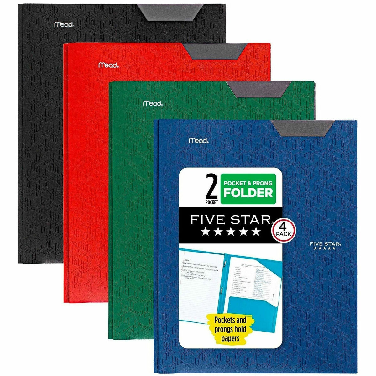 Mead Pocket Folder - 3 x Prong Fastener - 2 Pocket - Assorted - 4 / Pack