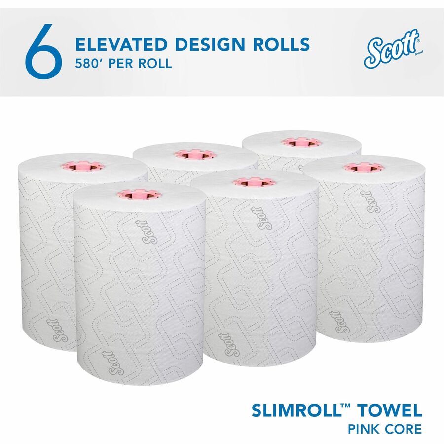 Scott Pro Slimroll Hard Roll Towels - 8" Width x 580 ft Length - White, Pink - Paper - 6 / Carton