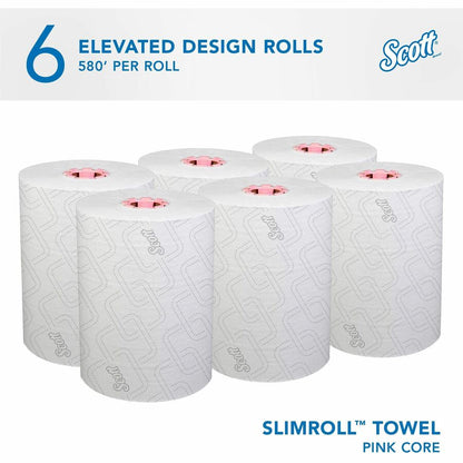 Scott Pro Slimroll Hard Roll Towels - 8" Width x 580 ft Length - White, Pink - Paper - 6 / Carton