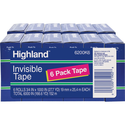 Highland 3/4"W Matte-finish Invisible Tape - 27.78 yd Length x 0.75" Width - 1" Core - Matte - Clear - For Mending, Hold