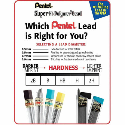 Pentel Super Hi-Polymer Leads - 0.7 mm , Medium Point - 2H - Black Lead - 12/Tube - 12 / Box