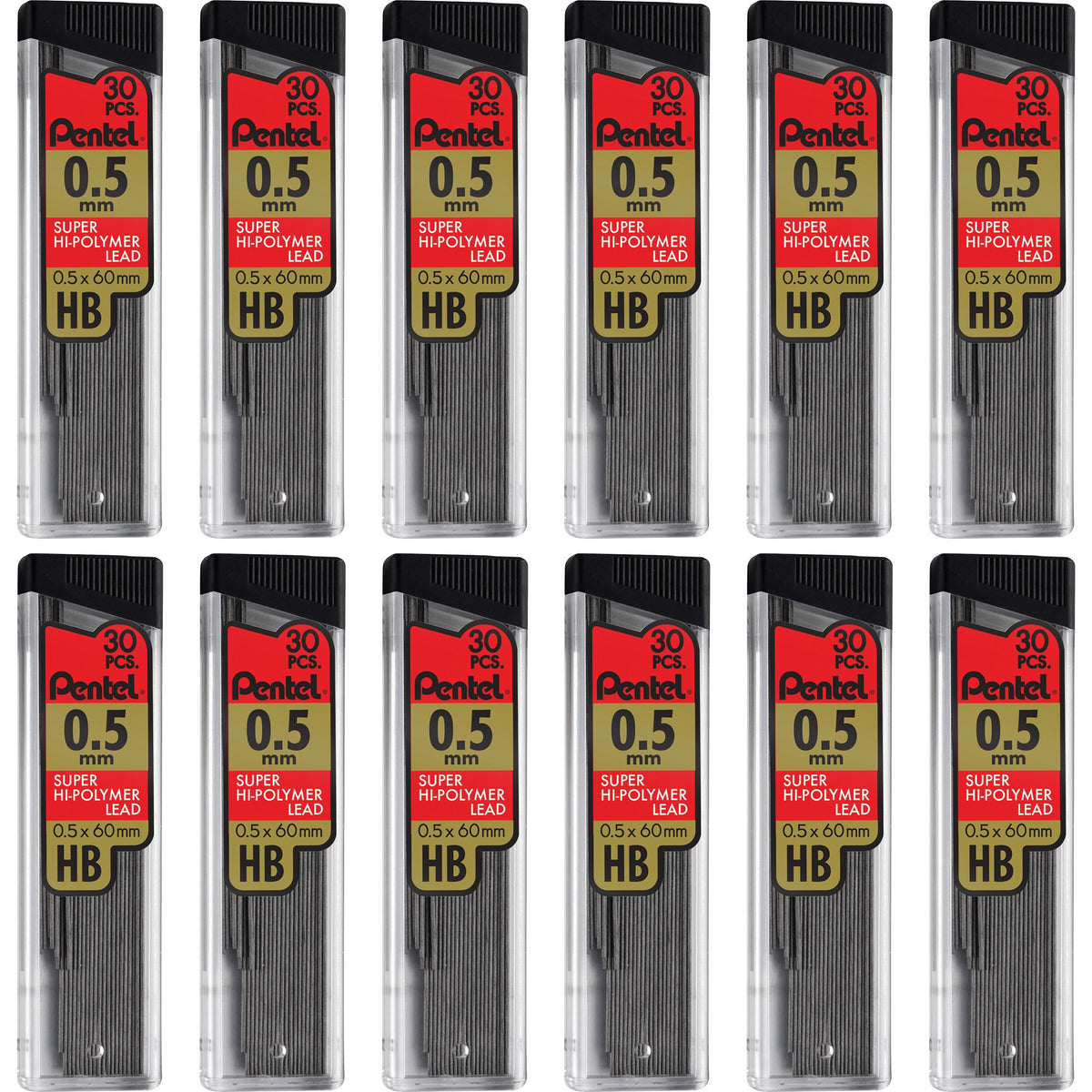 Pentel Super Hi-Polymer Leads - 0.5 mm , Fine Point - HB - Black Lead - 30/Tube - 12 / Box