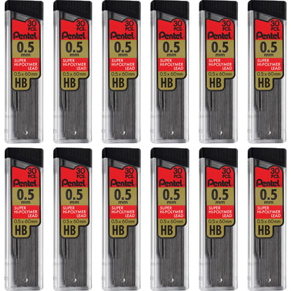 Pentel Super Hi-Polymer Leads - 0.5 mm , Fine Point - HB - Black Lead - 30/Tube - 12 / Box