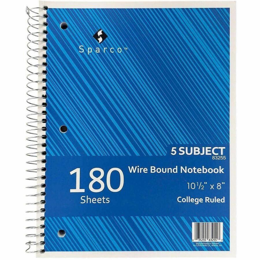 Sparco Wirebound College Ruled Notebooks - 180 Sheets - Wire Bound - College Ruled Front Ruling - Unruled Margin - 5 / B
