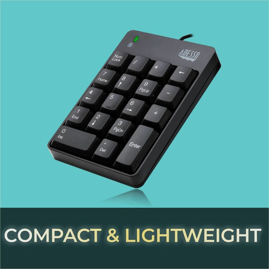 Adesso USB Spill Resistant 18-Key Numeric Keypad - Cable Connectivity - USB Interface - 18 Key(s) - Windows 10, Windows 