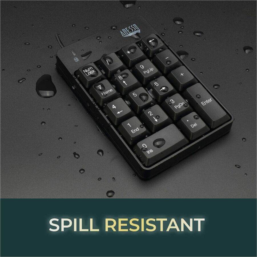 Adesso USB Spill Resistant 18-Key Numeric Keypad - Cable Connectivity - USB Interface - 18 Key(s) - Windows 10, Windows 