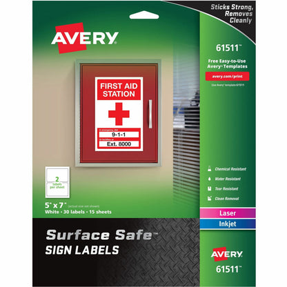 Avery® 5"x7" Removable Label Safety Signs - 5" Width x 7" Length - Removable Adhesive - Rectangle - Laser, Inkjet - Whit