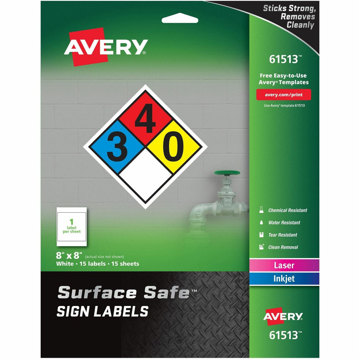 Avery® 8"x8" Removable Label Safety Signs - 8" Width x 8" Length - Removable Adhesive - Rectangle - Laser, Inkjet - Whit