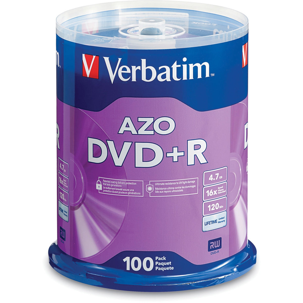 Verbatim 95098 DVD Recordable Media - DVD+R - 16x - 4.70 GB - 100 / Pack - Silver - 120mm - 2 Hour Maximum Recording Tim