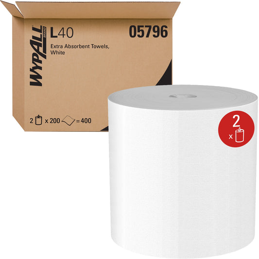 Wypall PowerClean L40 Extra Absorbent Towels - 10" Width x 13.20" Length - 200 Sheets/Roll - 400 Sheets - White - Cellul