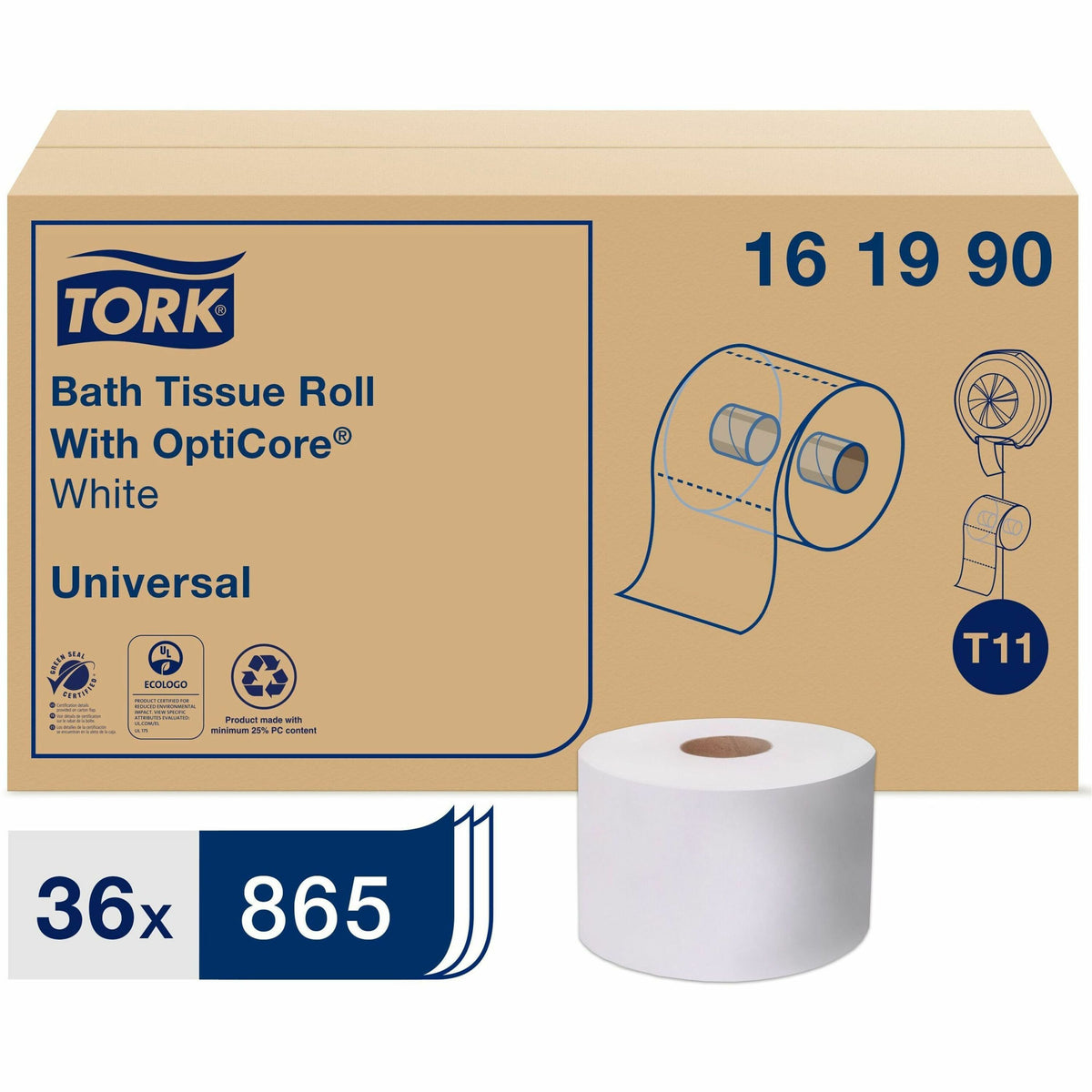 TORK Universal Bath Tissue Roll with OptiCore - 2 Ply - 3.80" Width x 288.30 ft Length - 865 Sheets/Roll - 5.60" Roll Di