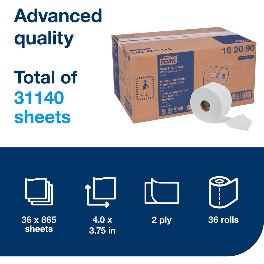 TORK Advanced Bath Tissue Roll with OptiCore - 2 Ply - 3.80" Width x 288.30 ft Length - 865 Sheets/Roll - 5.60" Roll Dia