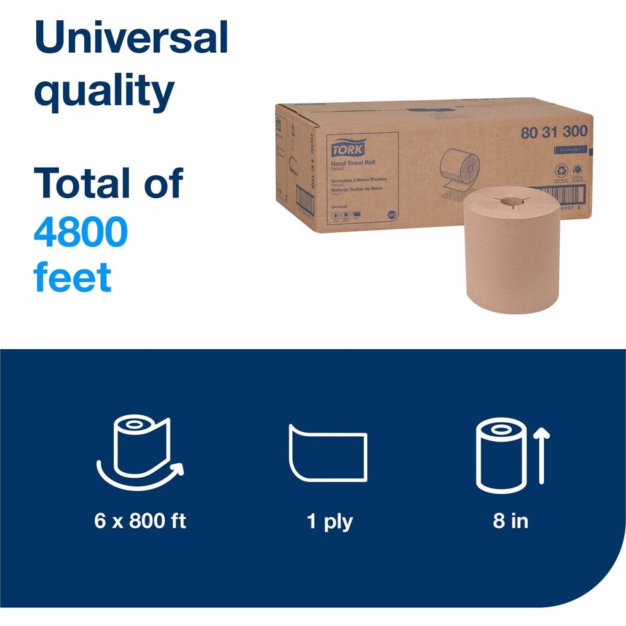 TORK Universal Hand Towel Roll - 1 Ply - 8" Width x 800 ft Length - 7.80" Roll Diameter - 1 29/32" Core - Natural - Pape