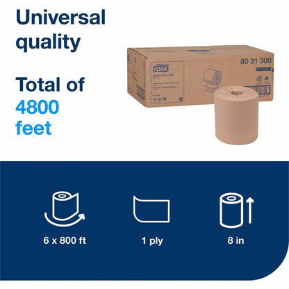 TORK Universal Hand Towel Roll - 1 Ply - 8" Width x 800 ft Length - 7.80" Roll Diameter - 1 29/32" Core - Natural - Pape