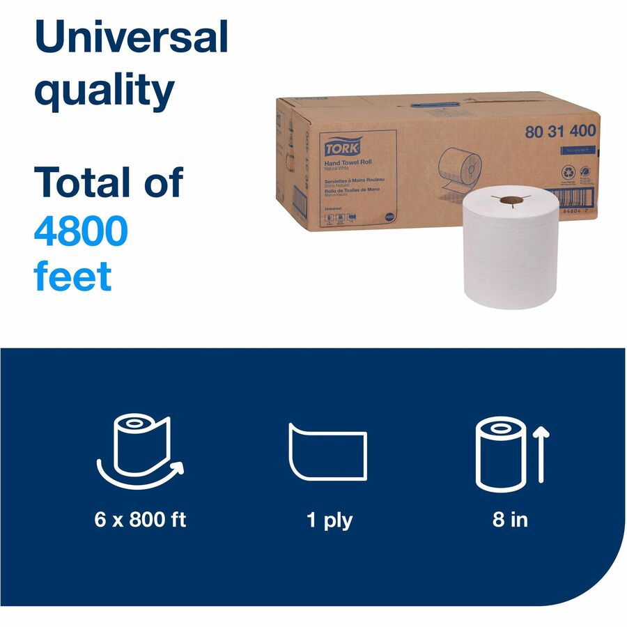 TORK Universal Hand Towel Roll - 1 Ply - 8" Width x 800 ft Length - 7.80" Roll Diameter - 1 29/32" Core - Natural, White