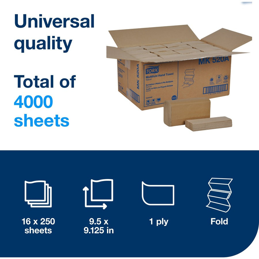 TORK Universal Hand Towel Multifold - 1 Ply - Multifold - 11" Width x 63 ft Length - Natural - 250/Pack - 16 / Carton