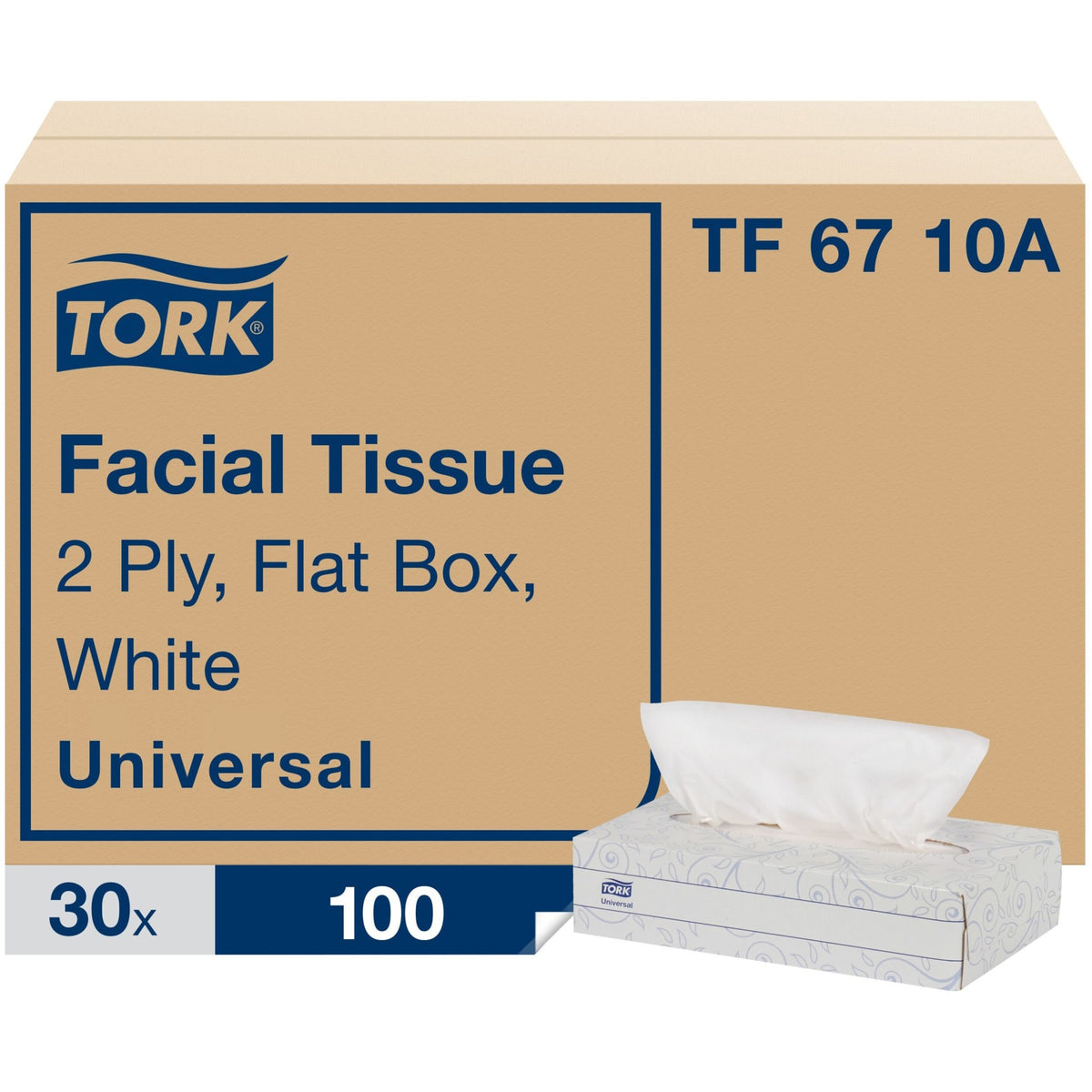 TORK Universal Facial Tissue Flat Box - 2 Ply - 7.90" Width x 8.20" Length - White - Paper - 100/Box - 30 / Carton