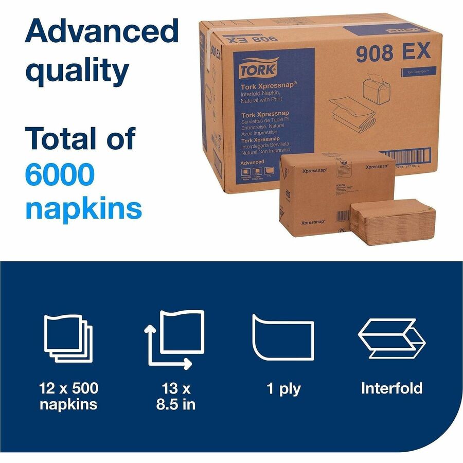 TORK Xpressnap Natural Environmental Print Dispenser Napkin N4 - 1 Ply - Interfolded - 13" Width x 8.50" Length - Natura