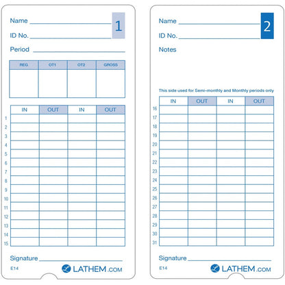 Lathem Model 400E Double Sided Time Cards - Double Sided Sheet - Blue Print Color - 100 / Pack
