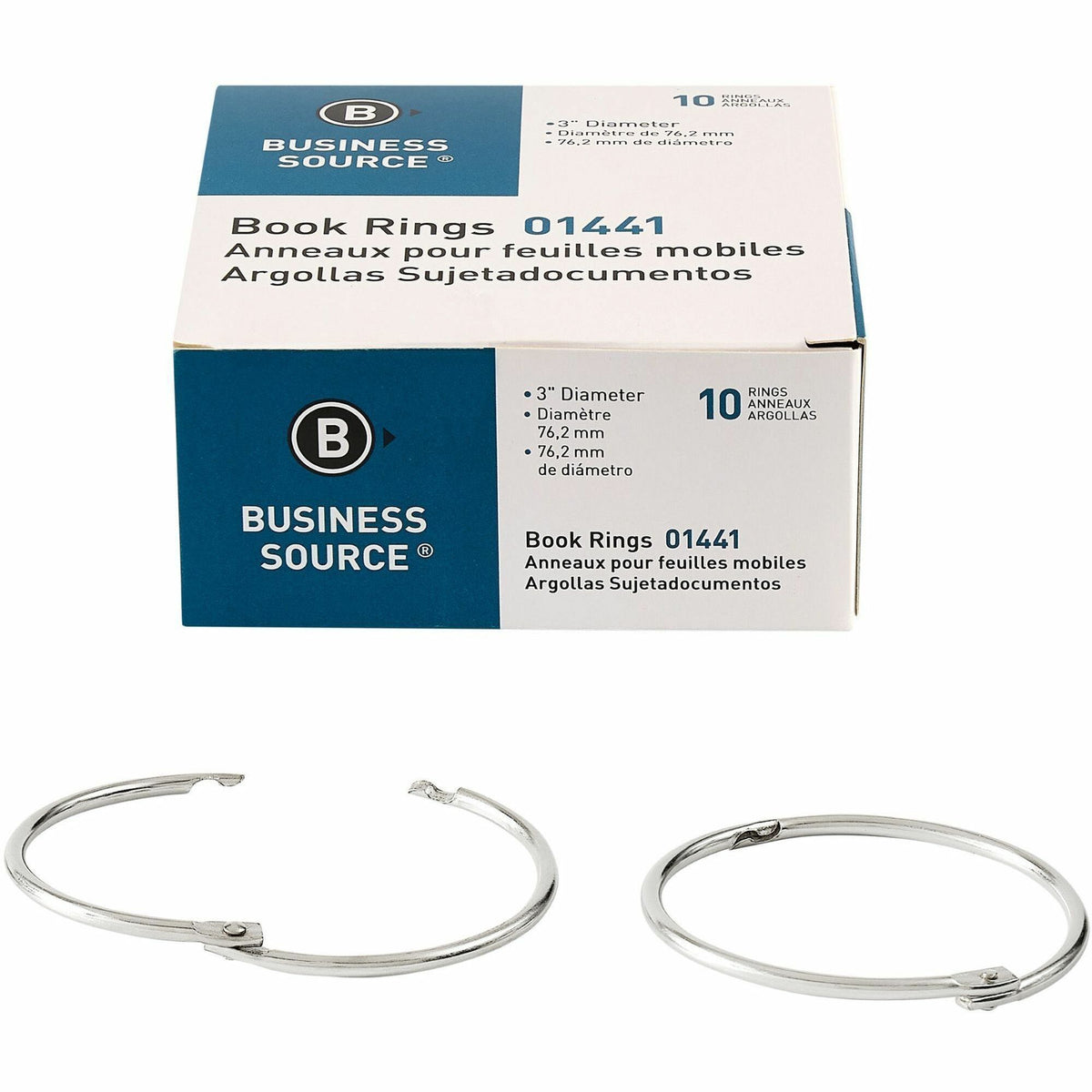 Business Source Standard Book Rings - 3" Diameter - Silver - Nickel Plated - 10 / Box