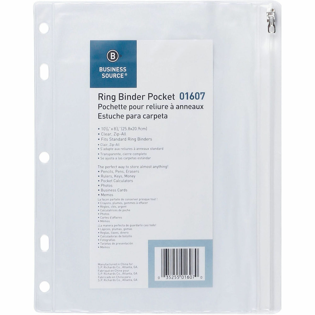 Business Source Punched Economy Binder Pocket - 10" Height x 8" Width - 7 x Holes - Ring Binder - Clear - Plastic - 24 /