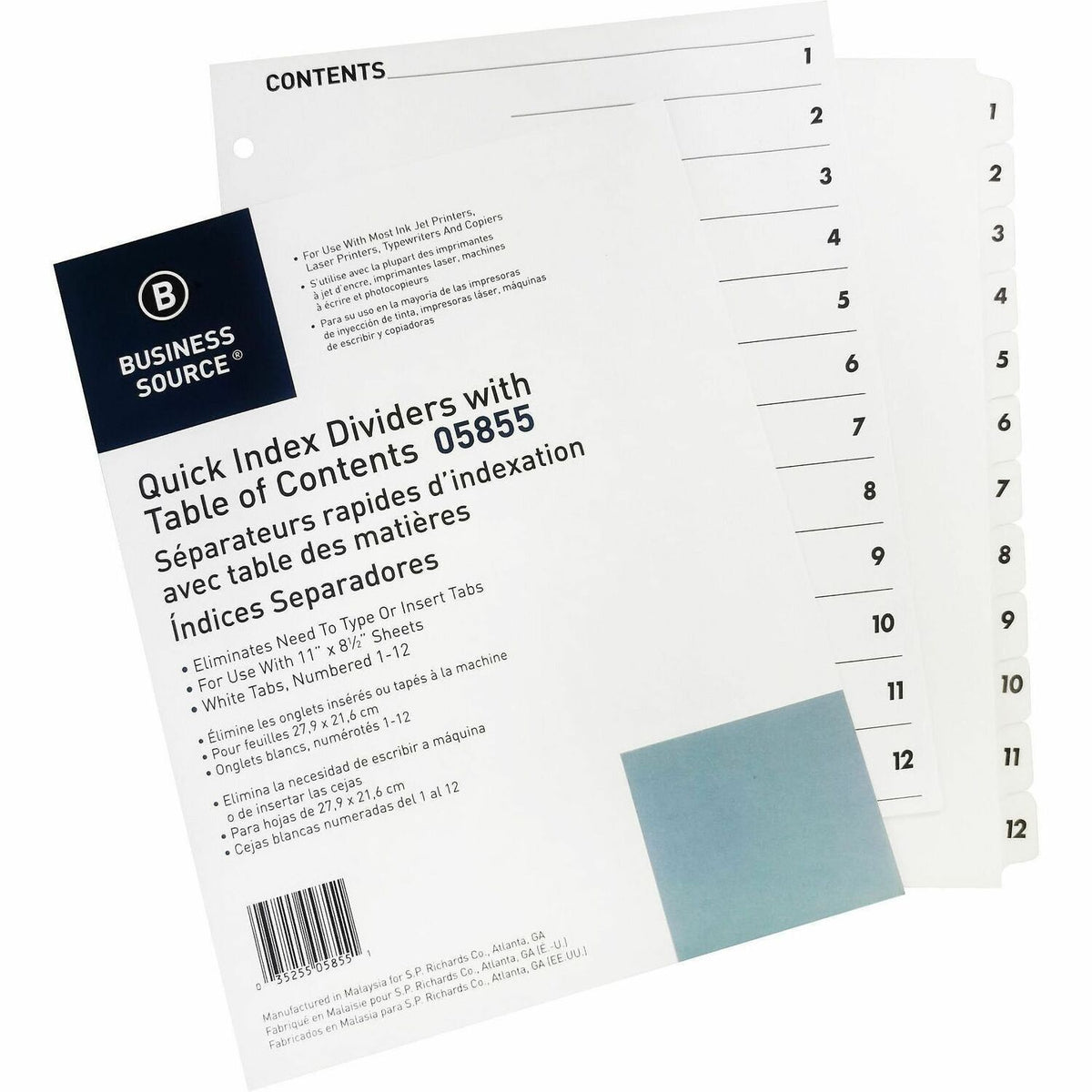 Business Source Table of Content Quick Index Dividers - Printed Tab(s) - Digit - 1-12 - 12 Tab(s)/Set - 1 Set