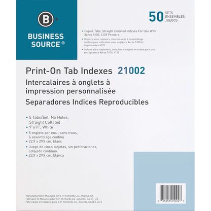 Business Source Straight Collated Print-on Tab Divider - Print-on Tab(s) - 5 Tab(s)/Set - 9" Divider Width x 11" Divider