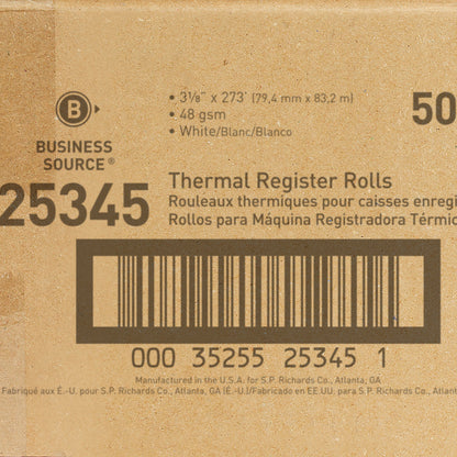 Business Source Thermal Paper - 3 1/8" x 273 ft - 48 g/m² Grammage - Smooth - FSC - White - 50 / Carton