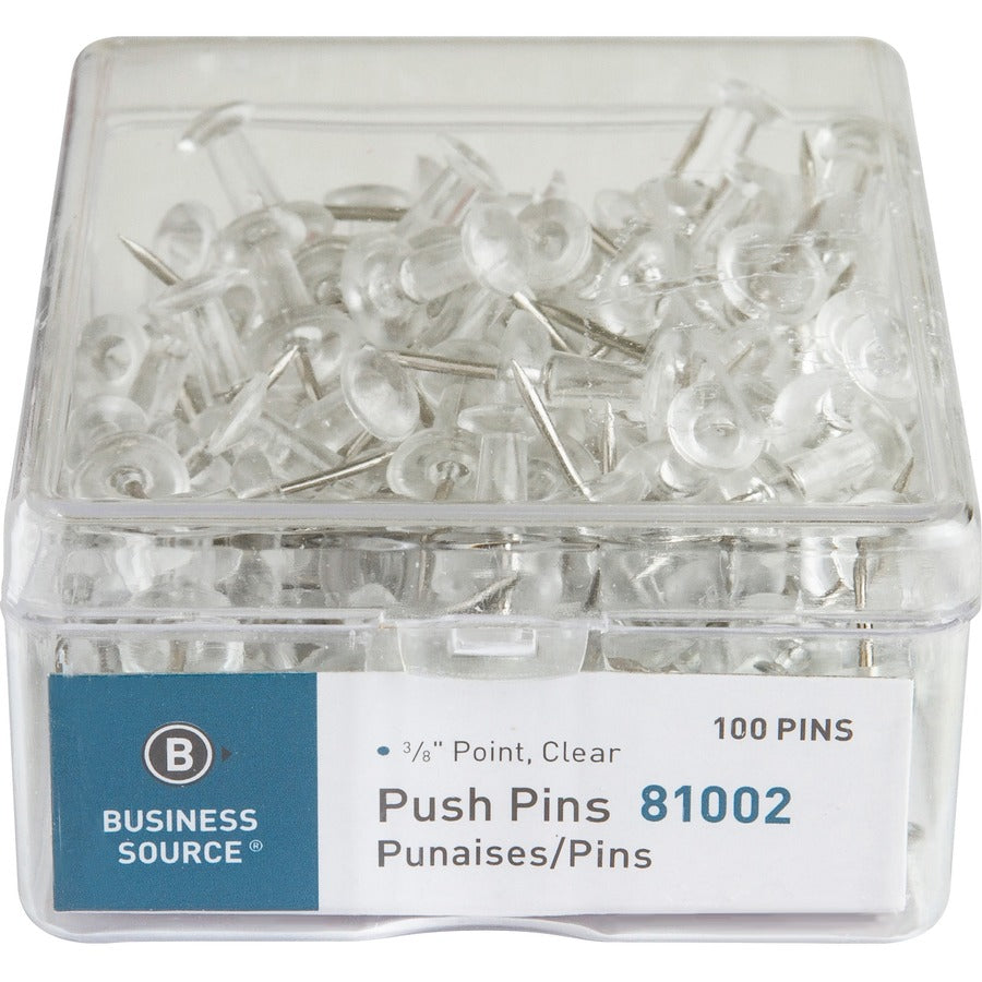 Business Source 1/2" Head Push Pins - 0.50" Head - Clear - 100 / Box