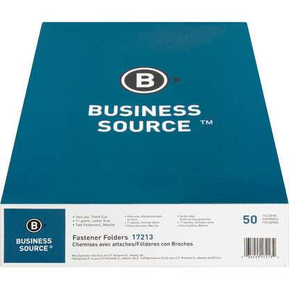Business Source 1/3 Tab Cut Letter Recycled Fastener Folder - 8 1/2" x 11" - 2 Fastener - Manila - 10% Recycled - 50 / B