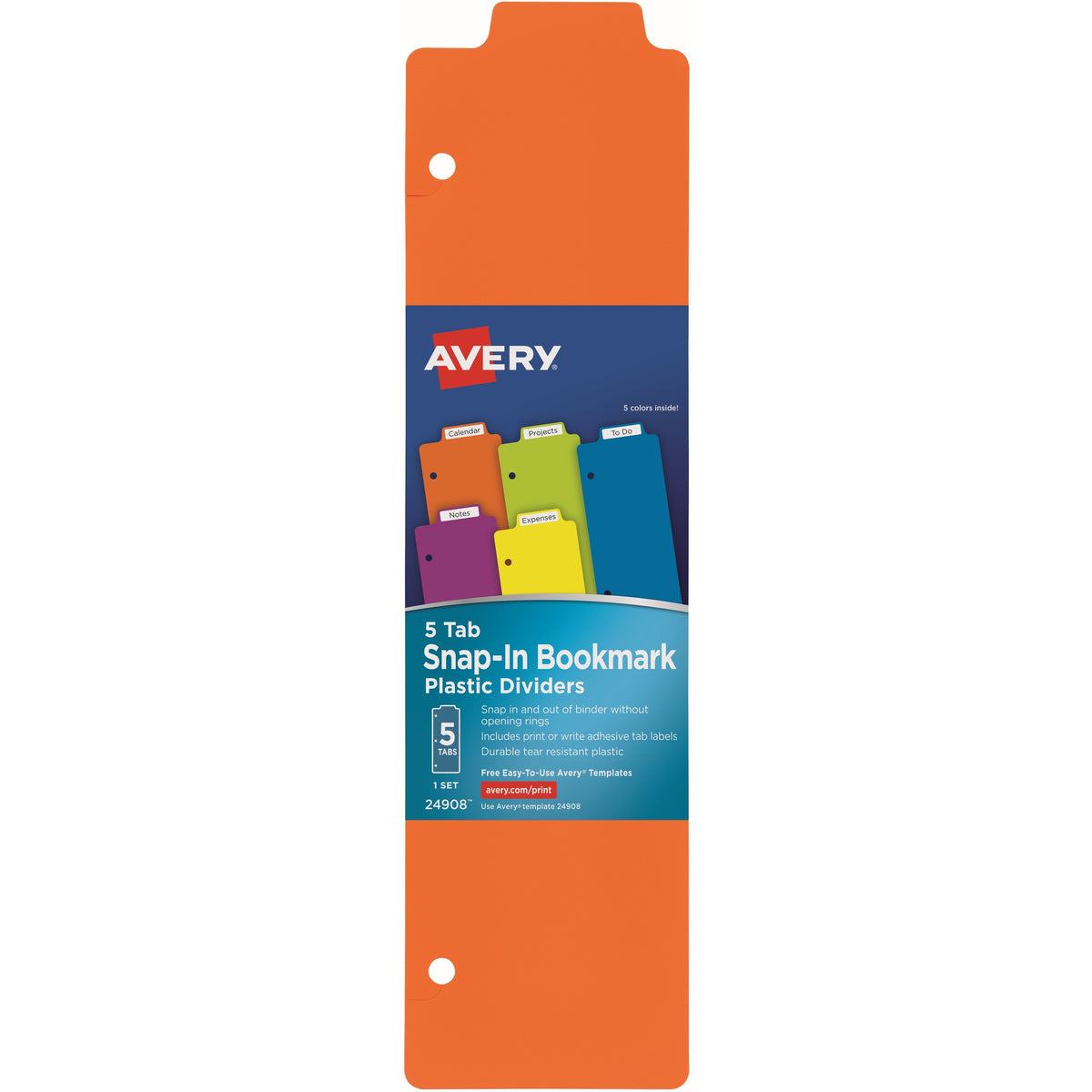 Avery® Snap-In Plastic Bookmark Dividers, 5 Tabs, 1 Set, Multicolor (24908) - Monthly - 1 Month Single Page Layout - 10"