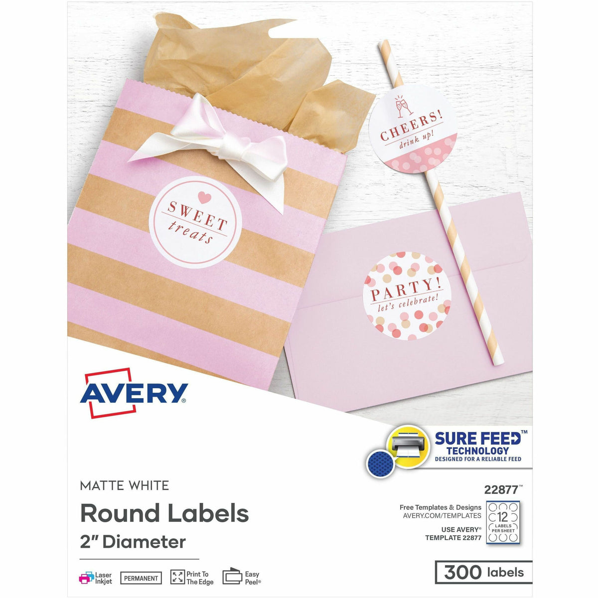 Avery® Round Labels, 2" Diameter, Matte White, 300ct (22877) - x 2" Diameter - Permanent Adhesive - Round - Inkjet, Lase