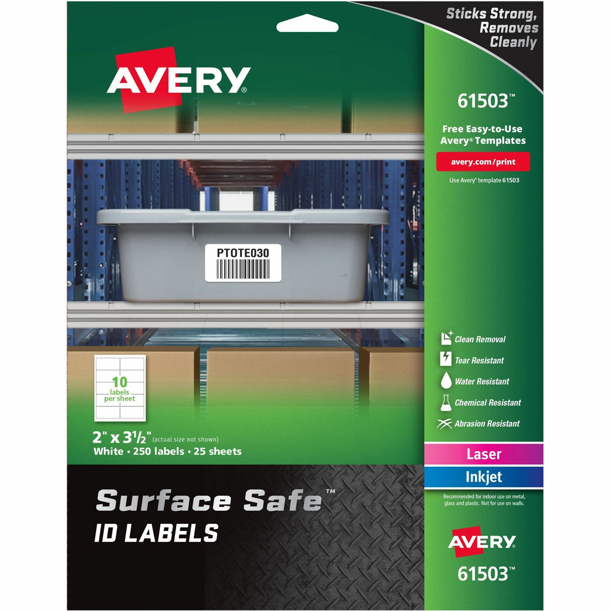 Avery® Surface Safe ID Label - 2" Width x 3 1/2" Length - Removable Adhesive - Rectangle - Laser, Inkjet - White - Film 