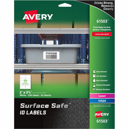 Avery® Surface Safe ID Label - 2" Width x 3 1/2" Length - Removable Adhesive - Rectangle - Laser, Inkjet - White - Film 