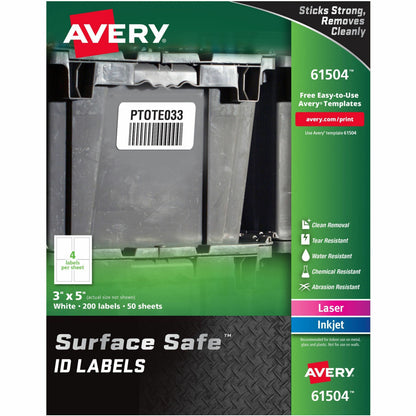 Avery® Surface Safe ID Label - 3" Width x 5" Length - Removable Adhesive - Rectangle - Laser, Inkjet - White - Film - Wa
