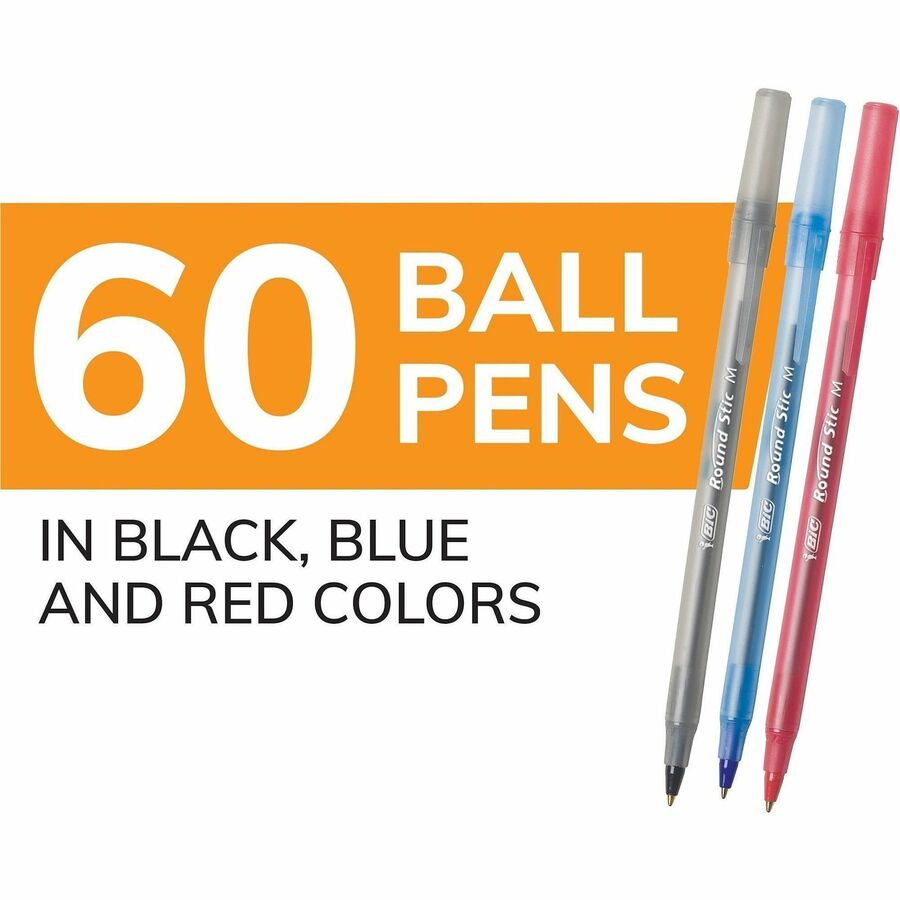 BIC Round Stic Xtra Life Ball Point Pen, Assorted - 1 mm Pen Point - Assorted Ink - Translucent Barrel - 1 Box