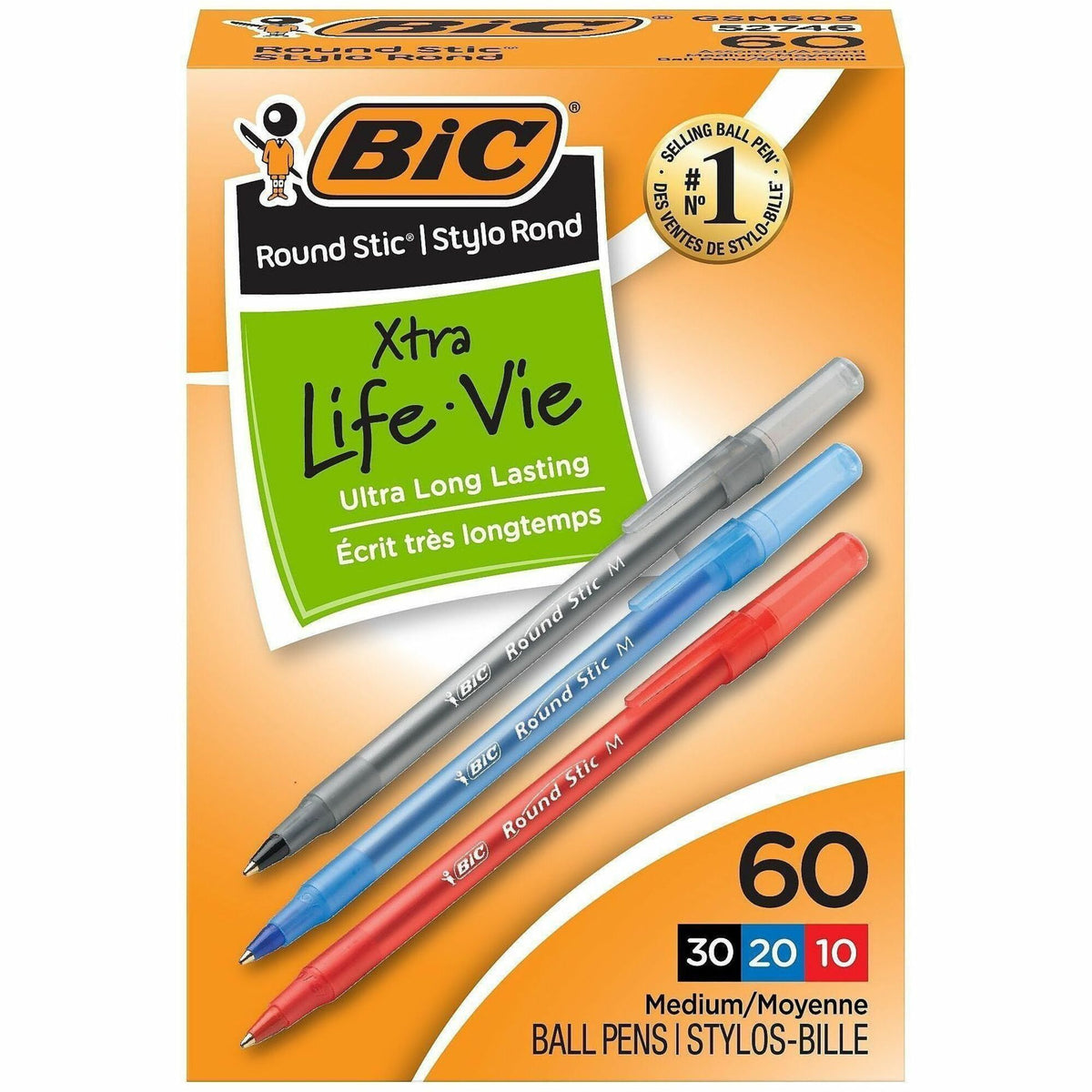 BIC Round Stic Xtra Life Ball Point Pen, Assorted - 1 mm Pen Point - Assorted Ink - Translucent Barrel - 1 Box
