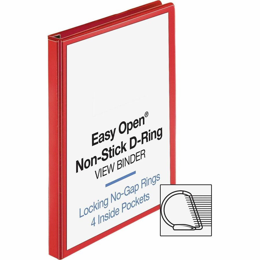 Business Source Red D-ring Binder - 1" Binder Capacity - Fastener: D-Ring - Pocket: 4 - Polypropylene - Red - Non-stick,