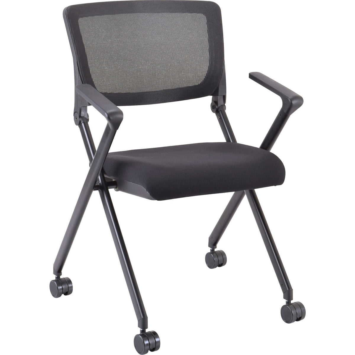 Lorell Mobile Mesh Back Nesting Chairs with Arms - Black Seat Color - Fabric Seat Material - Metal Frame Material - 2 / 