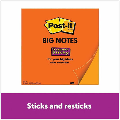 Post-it® Super Sticky Big Note - 30 x Orange - 11" Flag/Note Width x 11" Flag/Note Length - Square - 30 Sheets per Pad -