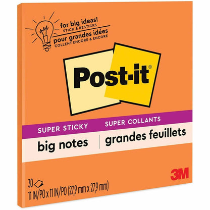 Post-it® Super Sticky Big Note - 30 x Orange - 11" Flag/Note Width x 11" Flag/Note Length - Square - 30 Sheets per Pad -