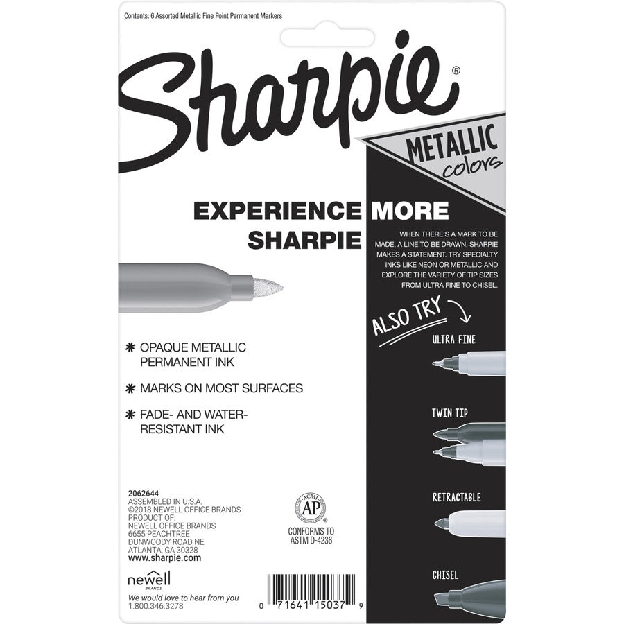 Sharpie Metallic Permanent Marker - Fine Pen Point - Alcohol Based - 6 / Set